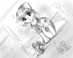 Size: 1040x824 | Tagged: safe, artist:alloyrabbit, character:applejack, character:coco pommel, character:rarity, episode:made in manehattan, g4, my little pony: friendship is magic, dialogue, micro, monochrome, size difference