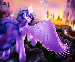 Size: 3028x2523 | Tagged: safe, artist:elzzombie, character:twilight sparkle, character:twilight sparkle (alicorn), species:alicorn, species:pony, canterlot, destruction, ethereal mane, evil, female, fire, moon, solo, tyrant sparkle