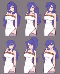 Size: 1082x1318 | Tagged: safe, artist:scorpdk, character:rarity, species:human, alternate hairstyle, breasts, busty rarity, clothing, dress, female, gray background, hair over one eye, humanized, large voluminous hair, looking at you, ponytail, side slit, simple background, smiling, solo, stockings