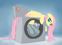 Size: 1904x1371 | Tagged: safe, artist:gsphere, character:fluttershy, breaking the law, female, gradient background, solo, washing machine, wet, wet mane