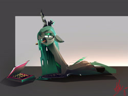 Size: 4000x3000 | Tagged: safe, artist:alumx, character:queen chrysalis, species:changeling, annoyed, box of chocolates, chocolate, female, long neck, solo