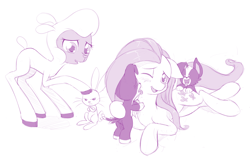 Size: 1280x829 | Tagged: safe, artist:dstears, community related, character:angel bunny, character:fluttershy, character:pom lamb, species:sheep, them's fightin' herds, blushing, crossover, cute, lamb, puppy, tongue out