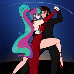 Size: 1280x1280 | Tagged: safe, artist:scorpdk, character:princess celestia, oc, oc:claymore, species:human, alternate hairstyle, backless, canon x oc, claylestia, clothing, dancing, dress, evening gloves, female, gloves, high heels, humanized, legs, male, patreon, ponytail, red dress, shipping, side slit, smiling, straight, tuxedo