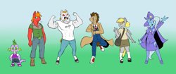 Size: 1437x603 | Tagged: safe, artist:metal-kitty, character:big mcintosh, character:bulk biceps, character:derpy hooves, character:doctor whooves, character:spike, character:time turner, character:trixie, species:anthro, clothing, line-up, messenger bag, pants, skirt, trenchcoat