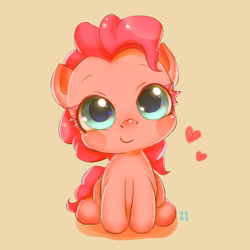 Size: 1603x1603 | Tagged: safe, artist:mrs1989, character:pinkie pie, species:pony, chibi, colored eyelashes, cute, diapinkes, female, filly, filly pinkie pie, heart, looking at you, sitting, solo, tan background, weapons-grade cute