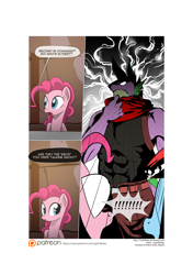 Size: 3541x5016 | Tagged: safe, artist:gashiboka, character:pinkie pie, character:rainbow dash, character:spike, species:dragon, species:earth pony, species:pegasus, species:pony, comic:recall the time of no return, badass, beefspike, clothing, comic, grimdark series, older, older spike, patreon, patreon logo, scarf, shocked, surprised