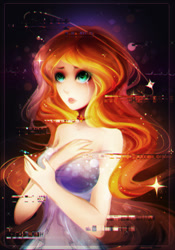 Size: 1060x1518 | Tagged: safe, artist:koveliana, character:sunset shimmer, species:human, breasts, chromatic aberration, color porn, crying, error, female, glitch, humanized, sad, solo