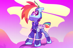 Size: 1608x1065 | Tagged: safe, artist:dawnfire, character:rainbow dash, species:pegasus, species:pony, g4, alternate timeline, clothing, eye scar, prosthetic wing, solo, uniform