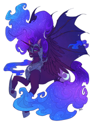 Size: 1280x1792 | Tagged: safe, artist:soursketches, character:nightmare moon, character:princess luna, species:alicorn, species:pony, g4, armor, bat wings, fangs, galaxy mane, solo, wing claws