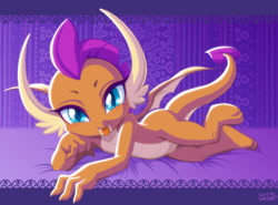 Size: 1200x890 | Tagged: safe, artist:uotapo, character:smolder, species:dragon, g4, bed, blep, lidded eyes, looking at you, lying down, solo, tongue out