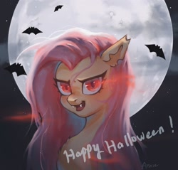 Size: 1520x1452 | Tagged: safe, artist:annie39367262, character:flutterbat, character:fluttershy, species:bat pony, g4, bats, fangs, full moon, glowing eyes, halloween, open mouth, red eyes, solo
