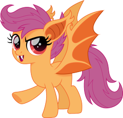 Size: 900x860 | Tagged: safe, artist:cloudyglow, character:scootaloo, species:bat pony, g4, fangs, open mouth, red eyes, solo, species swap