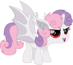 Size: 900x812 | Tagged: safe, artist:cloudyglow, character:sweetie belle, species:bat pony, g4, fangs, open mouth, red eyes, solo, species swap