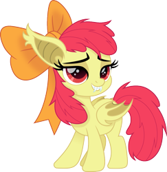 Size: 875x900 | Tagged: safe, artist:cloudyglow, character:apple bloom, species:bat pony, species:pony, g4, fangs, fans, female, filly, folded wings, red eyes, sharp teeth, simple background, solo, species swap, transparent background, young