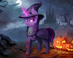 Size: 3103x2485 | Tagged: safe, artist:dukevonkessel, character:twilight sparkle, character:twilight sparkle (alicorn), species:alicorn, species:pony, g4, castle, clothing, glowing horn, halloween, jack-o-lantern, moon, necklace, night, solo, witch hat