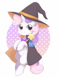 Size: 1912x2559 | Tagged: safe, artist:ginmaruxx, character:sweetie belle, species:pony, species:unicorn, g4, blushing, bow tie, cape, clothing, cute, halloween, looking at you, solo, wand, witch hat