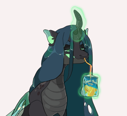 Size: 553x509 | Tagged: safe, artist:xeiphi, character:queen chrysalis, species:changeling, g4, glowing horn, juice box, magic, solo, straw, telekinesis