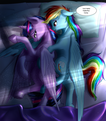 Size: 2894x3300 | Tagged: safe, artist:mykegreywolf, character:rainbow dash, character:twilight sparkle, character:twilight sparkle (alicorn), species:alicorn, species:pony, ship:twidash, bed, bedroom eyes, crepuscular rays, cuddling, cute, dialogue, dust, dust motes, female, floppy ears, holding, hug, lesbian, mare, moonlight, on side, pillow, resting, shipping, smiling, snuggling, speech bubble, spread wings, winghug, wings