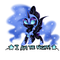 Size: 3000x3000 | Tagged: safe, artist:pvrii, character:nightmare moon, character:princess luna, cute, female, filly, i am the night, nightmare woon, raised hoof, simple background, solo, spread wings, transparent background, wings