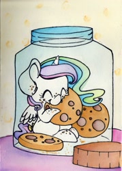 Size: 1983x2776 | Tagged: safe, artist:cutepencilcase, character:princess celestia, cookie, cookie jar, cookie jar pony, crumbs, cute, cutelestia, eyes closed, female, food, micro, pony in a bottle, solo, tail bow, traditional art