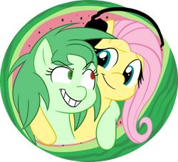 Size: 763x695 | Tagged: safe, artist:mickeymonster, character:fluttershy, oc, oc:vanna melon, species:pony, fanon, female, fluttershy plays, food, headphones, heterochromia, mare, simple background, transparent background, watermelon