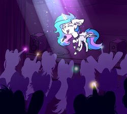 Size: 2000x1800 | Tagged: safe, artist:vincher, character:princess celestia, species:alicorn, species:pony, ask white alicorn, choker, collar, concert, crowd, ear piercing, eyes closed, female, glowing horn, magic, mare, microphone, piercing, punklestia, raised hoof, silhouette, singing, solo focus, spiked choker, spotlight, spread wings, stage, telekinesis, wings, wristband