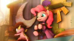 Size: 1920x1080 | Tagged: safe, artist:sourcerabbit, character:pinkie pie, character:spike, episode:over a barrel, g4, my little pony: friendship is magic, 3d, clothing, dancing, dress, saloon dress, saloon pinkie, scene interpretation, you gotta share