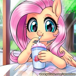 Size: 500x500 | Tagged: safe, artist:racoonsan, character:fluttershy, species:anthro, species:pegasus, species:pony, clothing, cute, dress, drinking, drinking straw, female, food, milkshake, patreon, shyabetes, solo, weapons-grade cute