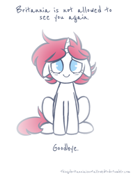 Size: 900x1200 | Tagged: safe, artist:hawthornss, oc, oc only, oc:britannia, species:pony, species:unicorn, b.u.c.k., b.u.c.k. 2016, c:, cute, fading, feels, female, floppy ears, glow, goodbye, lidded eyes, light, looking at you, mare, mascot, ocbetes, sad, sadorable, simple background, smiling, solo, text, things britannia is not allowed to do, white background
