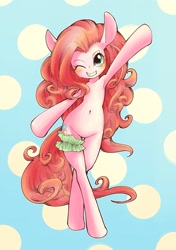 Size: 2039x2894 | Tagged: safe, artist:unousaya, character:pinkie pie, species:pony, armpits, belly button, bipedal, blushing, featureless crotch, female, garter, semi-anthro, smiling, solo
