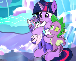 Size: 1188x950 | Tagged: safe, artist:dsana, character:princess flurry heart, character:spike, character:twilight sparkle, character:twilight sparkle (alicorn), species:alicorn, species:dragon, species:pony, episode:the crystalling, g4, my little pony: friendship is magic, aunt and niece, baby, baby dragon, baby pony, best aunt ever, blushing, cousins, crystal empire, cute, dsana is trying to murder us, embracing, female, flurrybetes, foal, male, mama twilight, mare, signature, spikabetes, spikelove, twiabetes