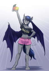 Size: 1500x2159 | Tagged: safe, artist:mykegreywolf, oc, oc only, oc:echo, species:anthro, species:bat pony, species:unguligrade anthro, abs, anthro oc, belly button, clothing, eeee, food, fruit, grin, looking at you, mango, midriff, short shirt, shorts, signature, smiling, solo, that batpony sure does love mangoes