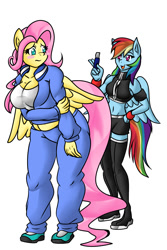 Size: 800x1200 | Tagged: safe, artist:mad'n evil, part of a set, character:fluttershy, character:rainbow dash, species:anthro, species:plantigrade anthro, abs, belly button, big breasts, breasts, busty fluttershy, chubby, cleavage, delicious flat chest, diet gum, female, food, gum, midriff, part of a series, tight clothing, tracksuit