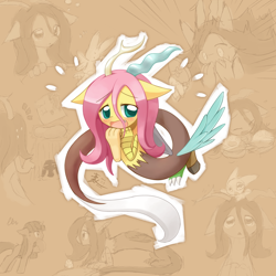 Size: 1500x1500 | Tagged: safe, artist:howxu, character:angel bunny, character:fluttershy, character:twilight sparkle, species:draconequus, cute, draconequified, female, flutterequus, shyabetes, species swap, tan background