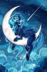 Size: 900x1354 | Tagged: safe, artist:kolshica, character:princess luna, species:alicorn, species:pony, cloud, crescent moon, female, looking at you, mare, moon, shooting star, smiling, solo, starry night, straddling, tangible heavenly object, transparent moon
