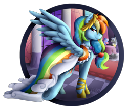 Size: 2100x1800 | Tagged: safe, artist:kikirdcz, character:caesar, character:rainbow dash, character:royal ribbon, bedroom eyes, canterlot, clothing, dress, gala dress, grand galloping gala, looking back, signature, simple background, solo focus, tongue out, transparent background, underhoof