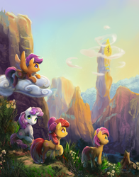 Size: 1600x2036 | Tagged: safe, artist:viwrastupr, character:apple bloom, character:babs seed, character:scootaloo, character:sweetie belle, character:twilight sparkle, species:earth pony, species:pegasus, species:pony, species:unicorn, adorababs, adorabloom, adventure, cute, cutealoo, cutie mark, cutie mark crusaders, diasweetes, female, filly, scenery, scenery porn, smiling, the cmc's cutie marks