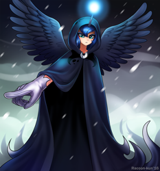 Size: 800x857 | Tagged: safe, artist:racoonsan, character:princess luna, species:human, episode:a hearth's warming tail, g4, my little pony: friendship is magic, cloak, clothing, divine, female, gloves, glowing horn, horned humanization, humanized, luna's future, pointing, scene interpretation, snow, snowfall, solo, spirit of hearth's warming yet to come, spread wings, winged humanization, wings