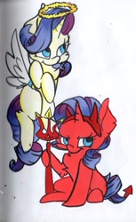 Size: 1792x2927 | Tagged: safe, artist:cutepencilcase, character:rarity, episode:the saddle row review, g4, my little pony: friendship is magic, angel rarity, devil rarity, haylo, misleading thumbnail, pitchfork, traditional art