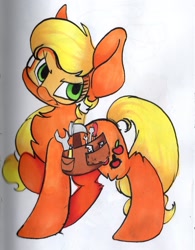 Size: 1880x2410 | Tagged: safe, artist:cutepencilcase, character:applejack, episode:applejack's day off, female, goggles, solo, toolbelt, traditional art