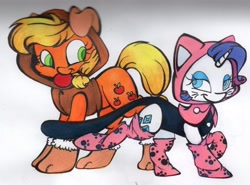 Size: 2346x1736 | Tagged: safe, artist:cutepencilcase, character:applejack, character:rarity, species:dog, animal costume, apple, appledog, cat, clothing, costume, food, leotard, mouth hold, raricat, socks, traditional art