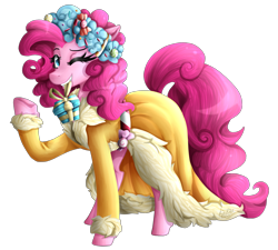 Size: 2000x1800 | Tagged: safe, artist:kikirdcz, character:pinkie pie, episode:a hearth's warming tail, g4, my little pony: friendship is magic, clothing, female, mouth hold, present, raised hoof, robe, signature, simple background, solo, spirit of hearth's warming presents, transparent background, wink