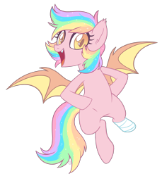 Size: 2200x2400 | Tagged: safe, artist:centchi, artist:hawthornss, oc, oc only, oc:paper stars, species:bat pony, species:pony, amputee, collaboration, cute, female, looking at you, rainbow hair, simple background, smiling, solo, sparkles, transparent background