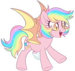Size: 2300x2200 | Tagged: safe, artist:centchi, artist:hawthornss, oc, oc only, oc:paper stars, species:bat pony, species:pony, amputee, collaboration, cute, cute little fangs, fangs, female, pastel, rainbow hair, simple background, solo, transparent background, underhoof