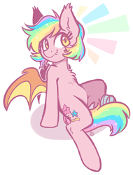 Size: 1900x2500 | Tagged: safe, artist:hawthornss, oc, oc only, oc:paper stars, species:bat pony, species:pony, amputee, chest fluff, cute, cute little fangs, ear fluff, fangs, female, rainbow hair, simple background, smiling, solo, sparkles