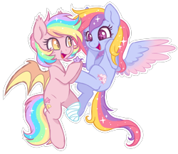 Size: 2650x2300 | Tagged: safe, artist:hawthornss, oc, oc only, oc:glittering cloud, oc:paper stars, species:bat pony, species:pegasus, species:pony, amputee, blushing, cute little fangs, fangs, female, flying, glitterstars, open mouth, simple background, smiling, sparkles, spread wings, starry eyes, transparent background, wingding eyes, wings