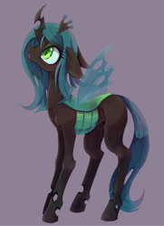 Size: 800x1103 | Tagged: safe, artist:kolshica, character:queen chrysalis, species:changeling, changeling queen, crown, cute, cutealis, female, filly, filly queen chrysalis, foal, jewelry, nymph, purple background, regalia, simple background, solo, teenager, younger