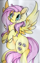 Size: 1888x2943 | Tagged: safe, artist:cutepencilcase, character:fluttershy, female, flying, solo, traditional art, unshorn fetlocks