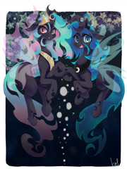 Size: 800x1111 | Tagged: safe, artist:kolshica, character:princess celestia, character:princess luna, species:changeling, changelingified, looking at you, open mouth, species swap