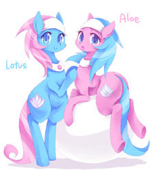 Size: 800x899 | Tagged: safe, artist:kolshica, character:aloe, character:lotus blossom, species:pony, bipedal, looking at you, open mouth, simple background, smiling, spa twins, underhoof, white background
